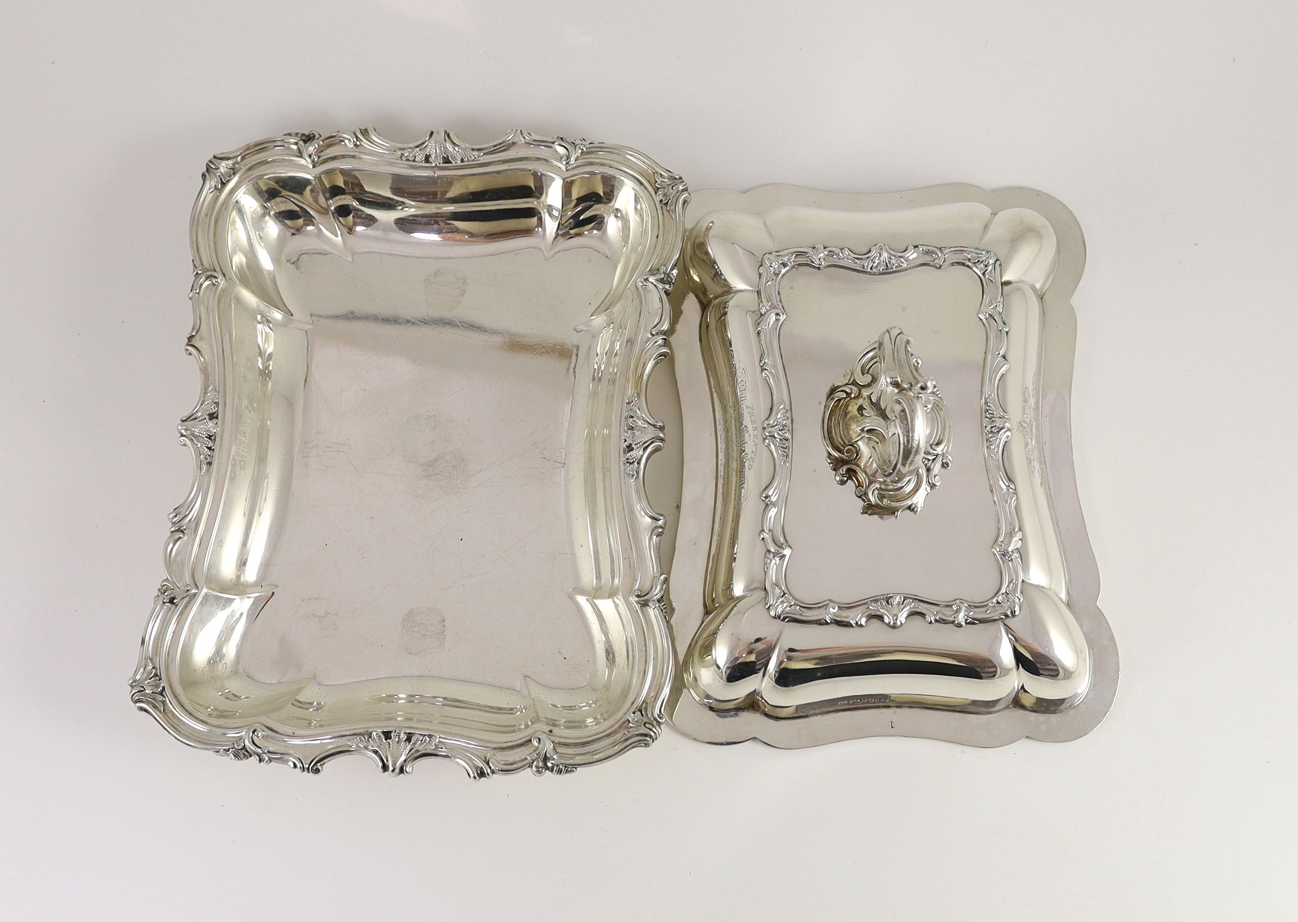 An early Victorian silver tureen and cover with handle, by Samuel Roberts & Co, with engraved presentation inscription and crest, relating to the Ulverston Union